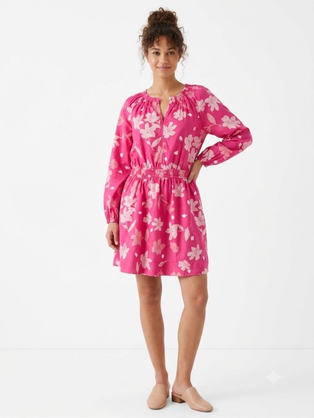 Bright Pink Floral Smocked-Waist Mini Dress